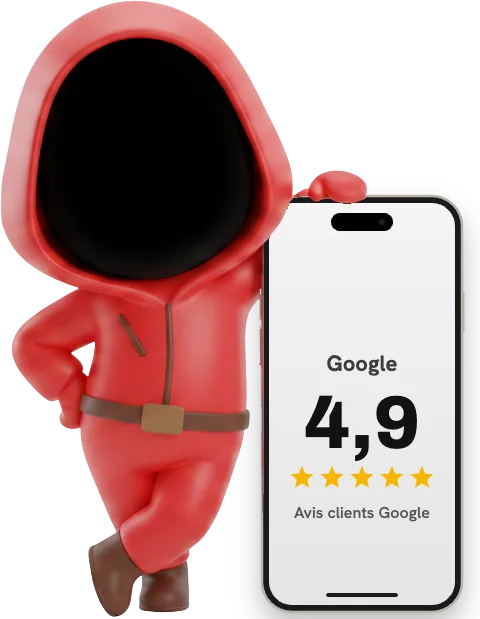 Accueil 5 La mascotte de Casa de Phonetel à côté d'un iPhone affichant la note Google de la boutique